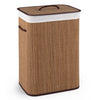 Bamboo clothes hamper with removable liner, 19-gal capacity, portable handles, ideal for laundry room or bedroom use.