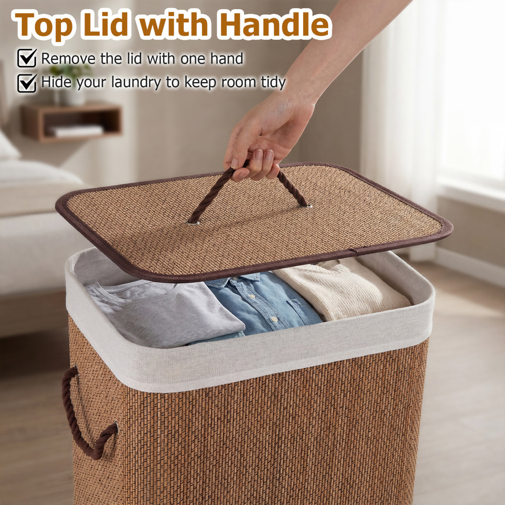 Bamboo clothes hamper with removable liner, top lid, and portable handles for easy laundry storage in brown.