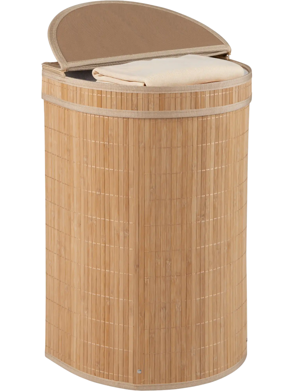 Bamboo laundry hamper with zippered lid, 19-gal capacity, detachable liner, ideal for bedrooms and bathrooms.