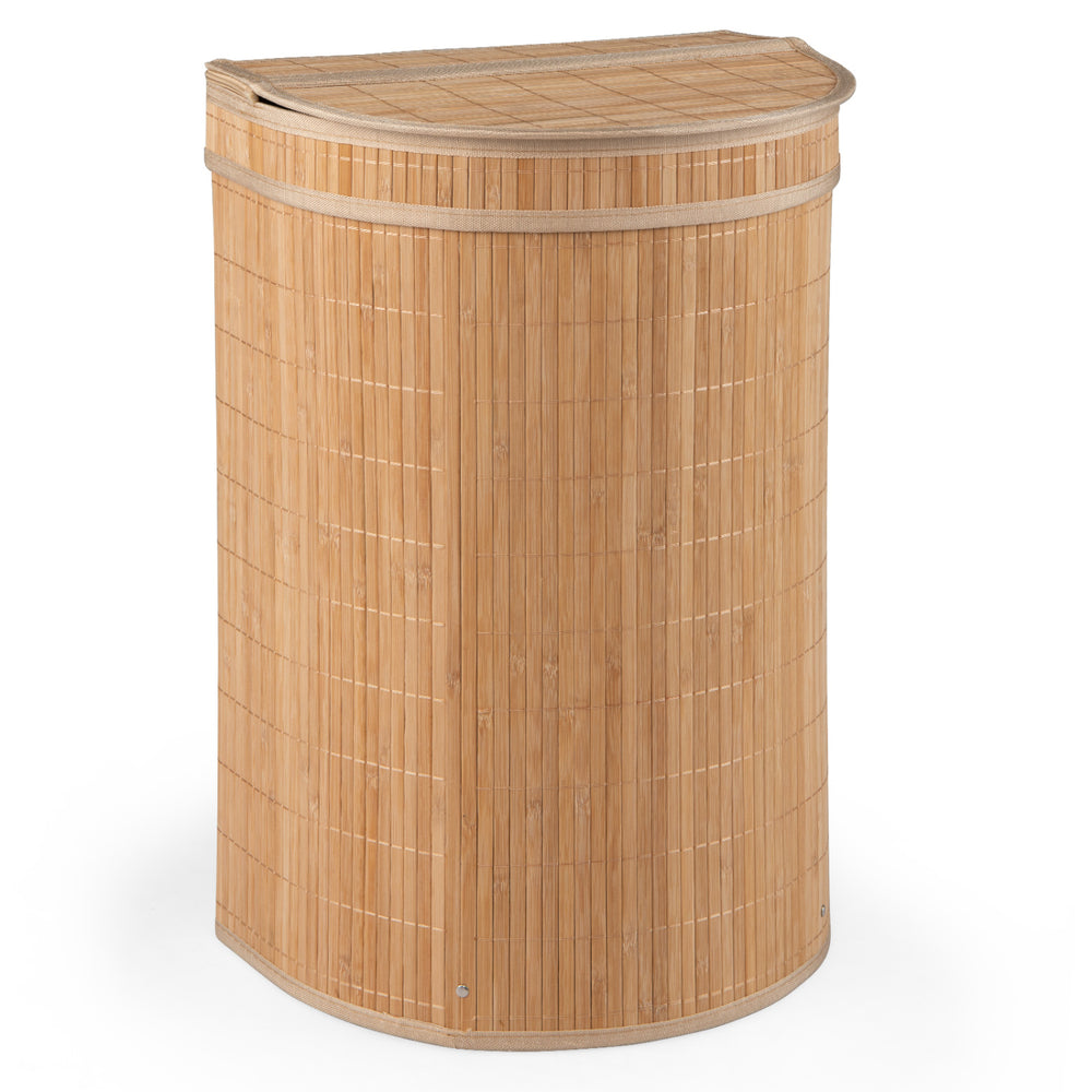 Bamboo laundry hamper with zippered lid, 19-gal capacity, lightweight design for easy carrying and space-saving storage.