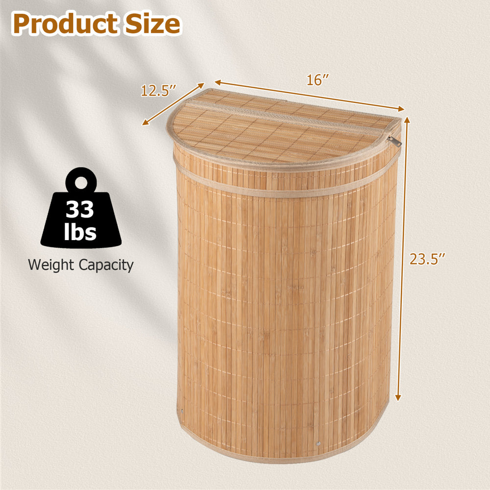 Bamboo laundry hamper with zippered lid, 19-gal capacity, natural finish, ideal for bedrooms and laundry rooms.