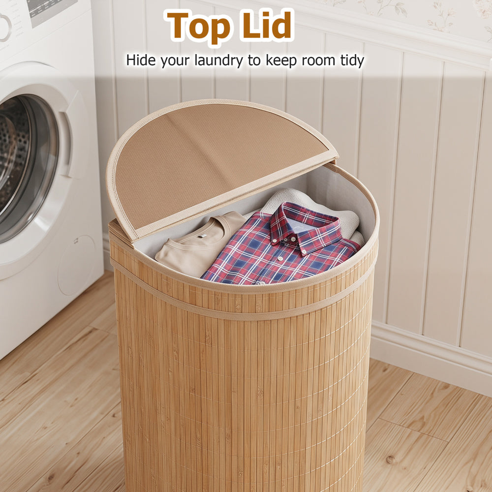 Bamboo laundry hamper with zippered lid, 19-gal capacity, ideal for keeping clothes out of sight in any room.