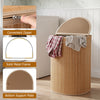 Bamboo laundry hamper with zippered lid, 19-gal capacity, solid metal frame, ideal for bedrooms and bathrooms.