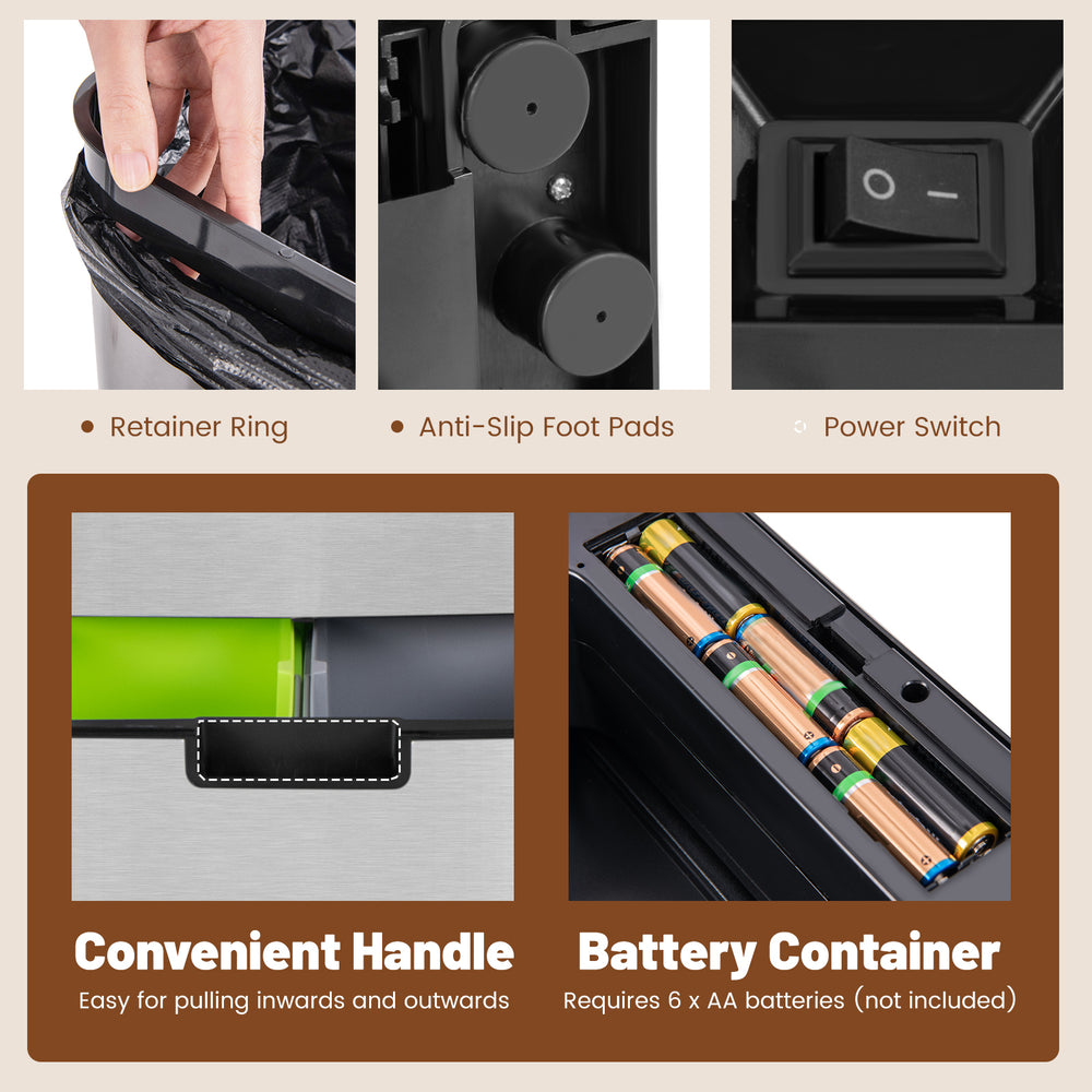Convenient handle and battery container for the 19 Gal stainless steel trash can with recycling bins, designed for easy.