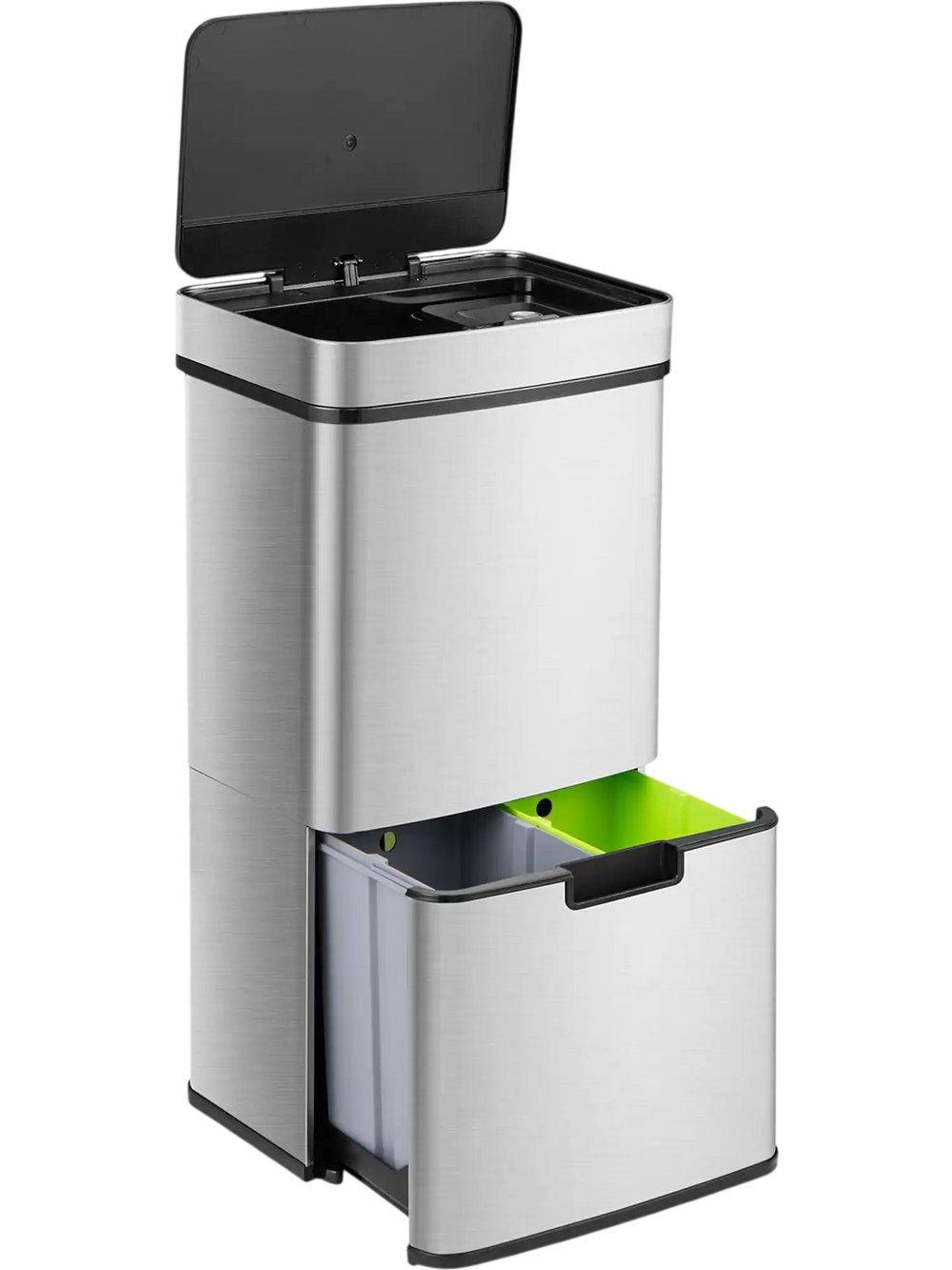 Stainless steel 19-gal trash can with detachable kitchen waste bin and two bottom recycling bins for efficient waste.