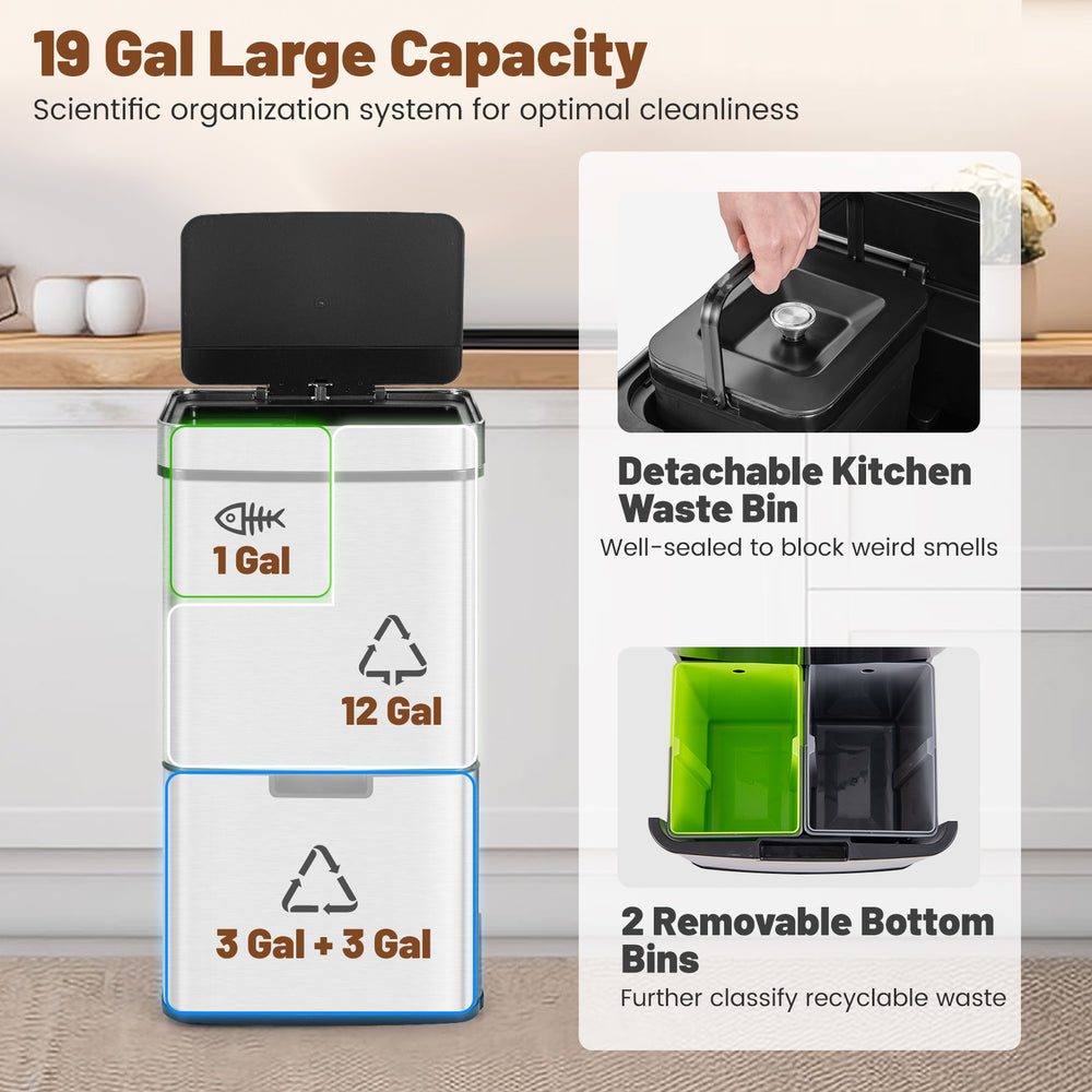 19 gal stainless steel trash can with detachable kitchen waste bin and 2 bottom recycling bins for optimal cleanliness.