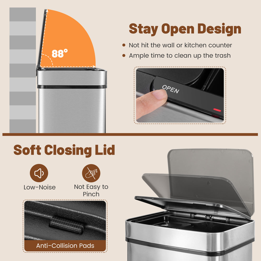 Stainless steel trash can with a soft closing lid and detachable kitchen waste bin, designed for optimal cleanliness.