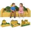 Modular kids play couch in yellow and green, made of soft velvet, perfect for inspiring creativity and family bonding.