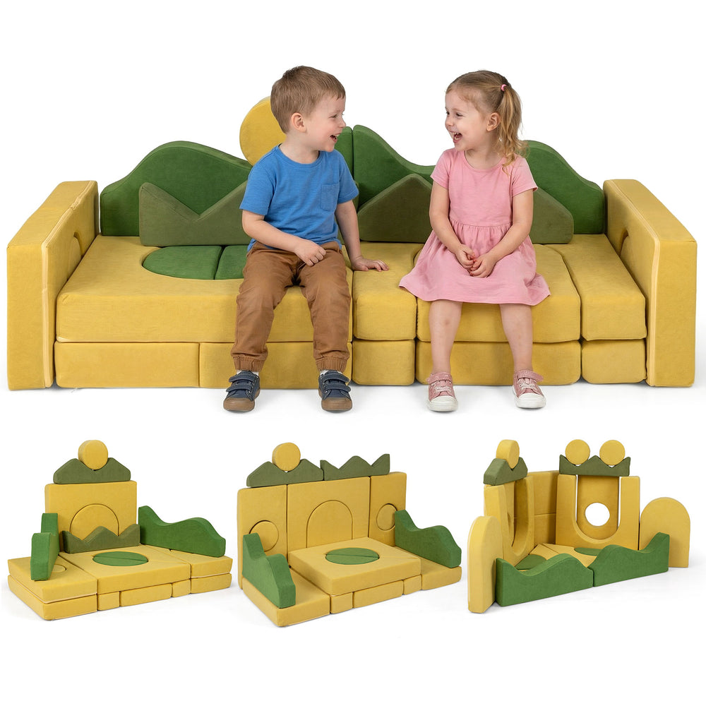 Modular kids play couch in yellow and green, made of soft velvet, perfect for inspiring creativity and family bonding.