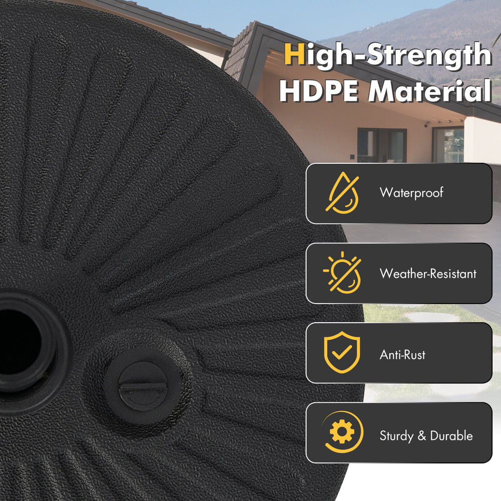 Close-up of the 19.5-inch black umbrella base stand made of high-strength HDPE material, waterproof and durable for.