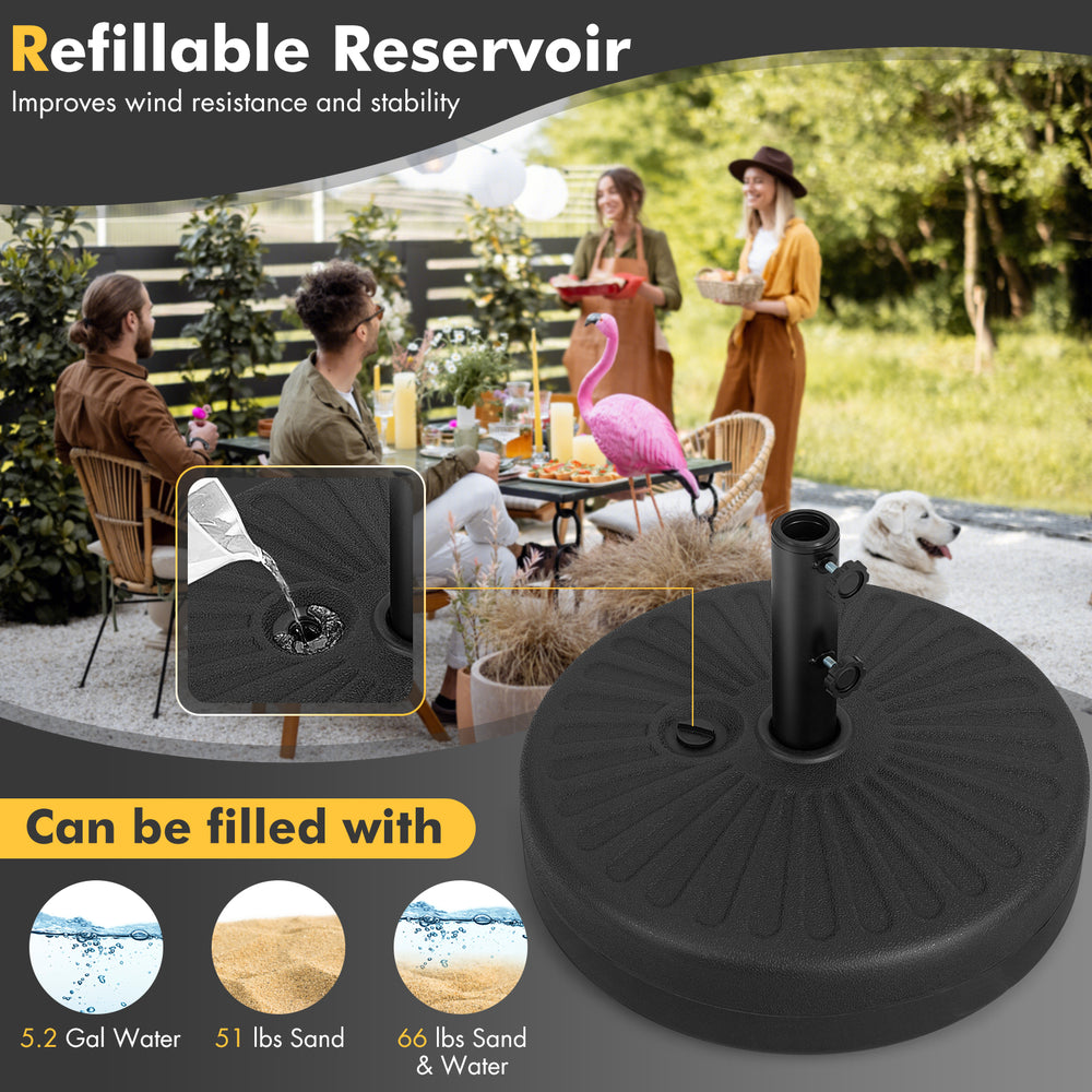 Fillable round umbrella base stand in black, 19.5 inches, designed for stability with sand or water, ideal for outdoor.