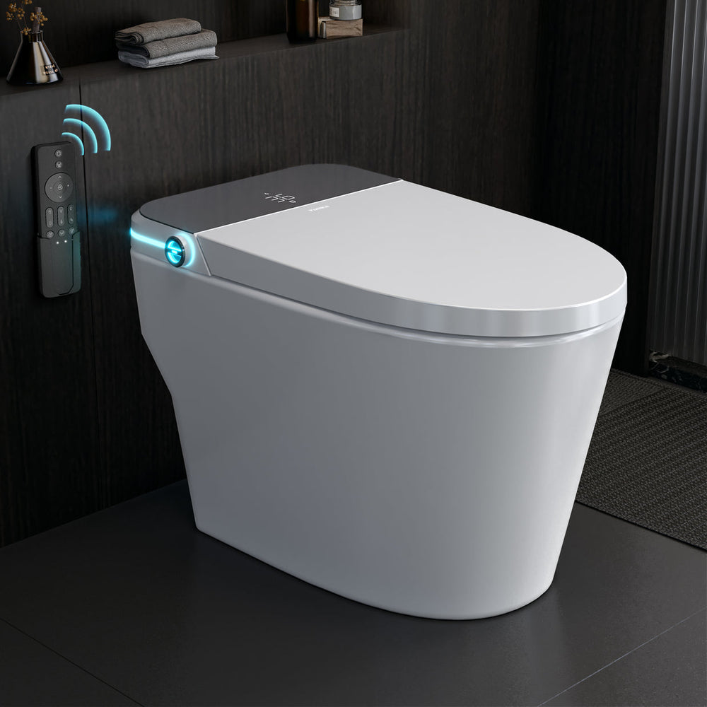 YULIKA-ST001 smart toilet in bathroom scene (remote shown)