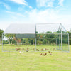 Walk-in chicken coop with waterproof cover, 13 x 13 feet, made of galvanized steel for outdoor backyard use.