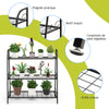 3-tier metal plant stand shelf with adjustable footpads, sturdy steel frame, ideal for indoor and outdoor use.