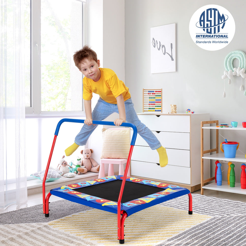 Kids indoor outdoor trampoline with foamed handrail, 36" square design, promotes healthy play and stability.