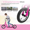 Close-up of the 12" air-filled wheel on a pink height adjustable kid kick scooter, designed for smooth riding on.