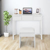 White vanity makeup dressing table set with flip-top mirror and cushioned stool, perfect for bedroom organization.