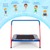 Kids 36" square trampoline in blue with foamed handrail, designed for indoor and outdoor play, promotes active.