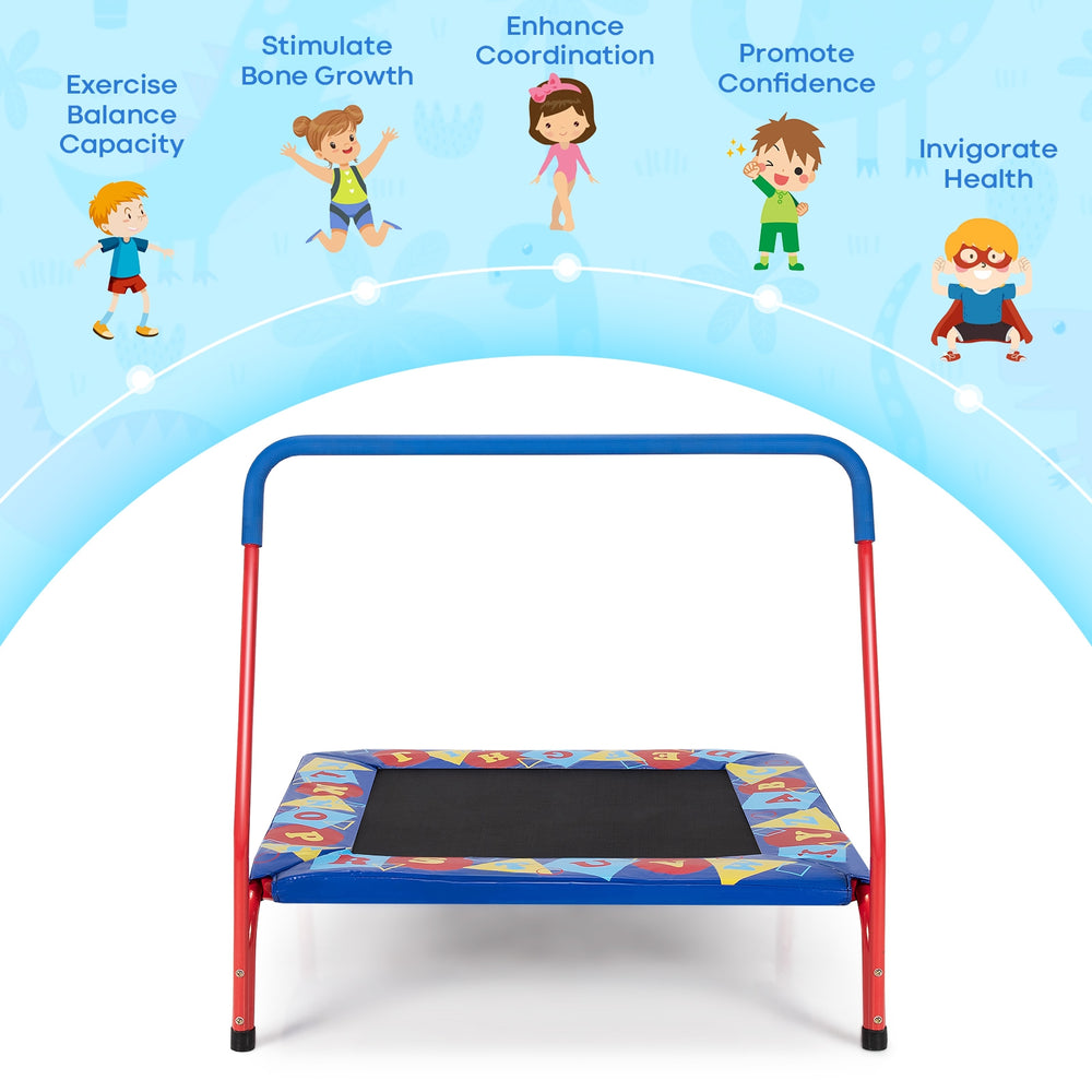 Kids 36" square trampoline in blue with foamed handrail, designed for indoor and outdoor play, promotes active.