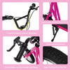 U-type handlebar and V-type handbrake on a pink height adjustable kid kick scooter with 12" air filled wheels.