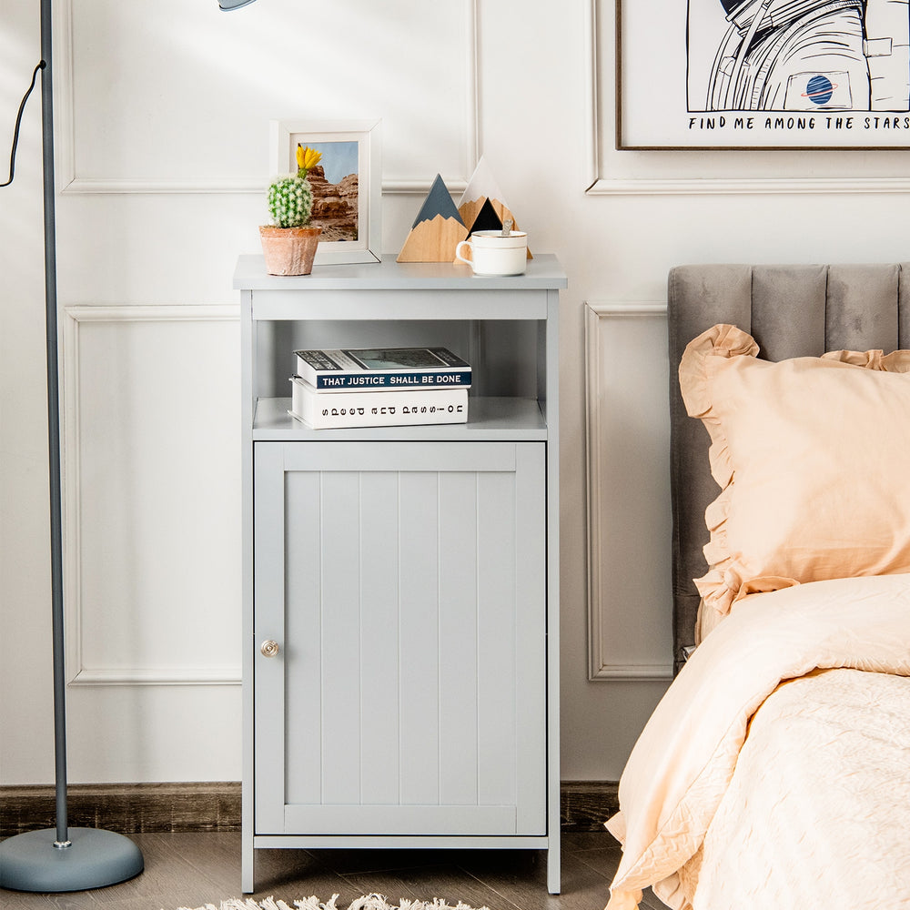 Gray bathroom wooden floor cabinet with adjustable shelf, sturdy MDF, and multifunctional storage for organized spaces.