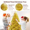 Close-up of the shiny champagne gold tinsel of a 6 ft artificial Christmas tree, ideal for vibrant holiday décor.
