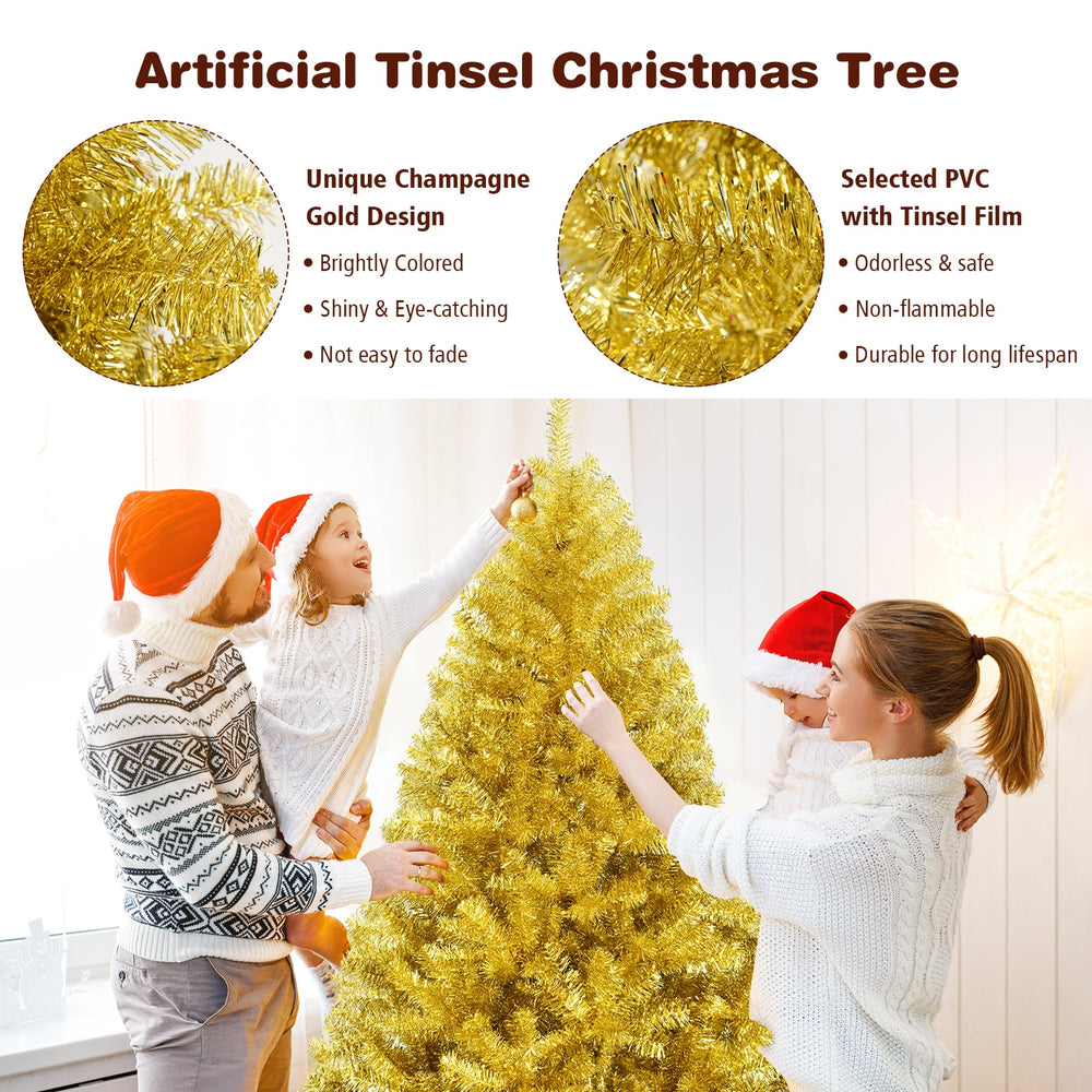 Close-up of the shiny champagne gold tinsel of a 6 ft artificial Christmas tree, ideal for vibrant holiday décor.
