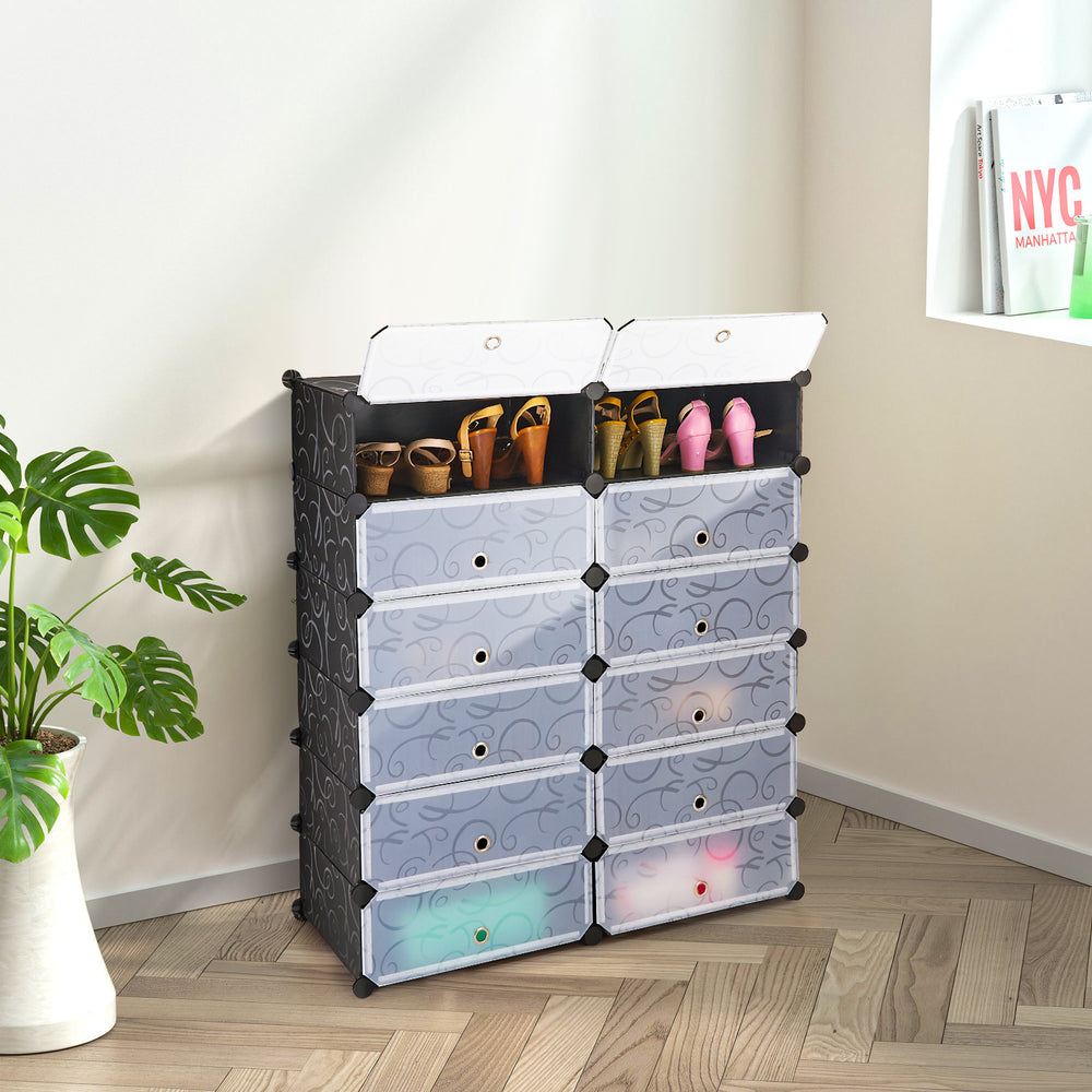 12-cube portable plastic shoe rack in black with transparent doors, ideal for stylish home organization and storage.