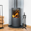 5-piece rustic wrought iron fireplace tools set with modern design, including fire clamp, hook, brush, and shovel.