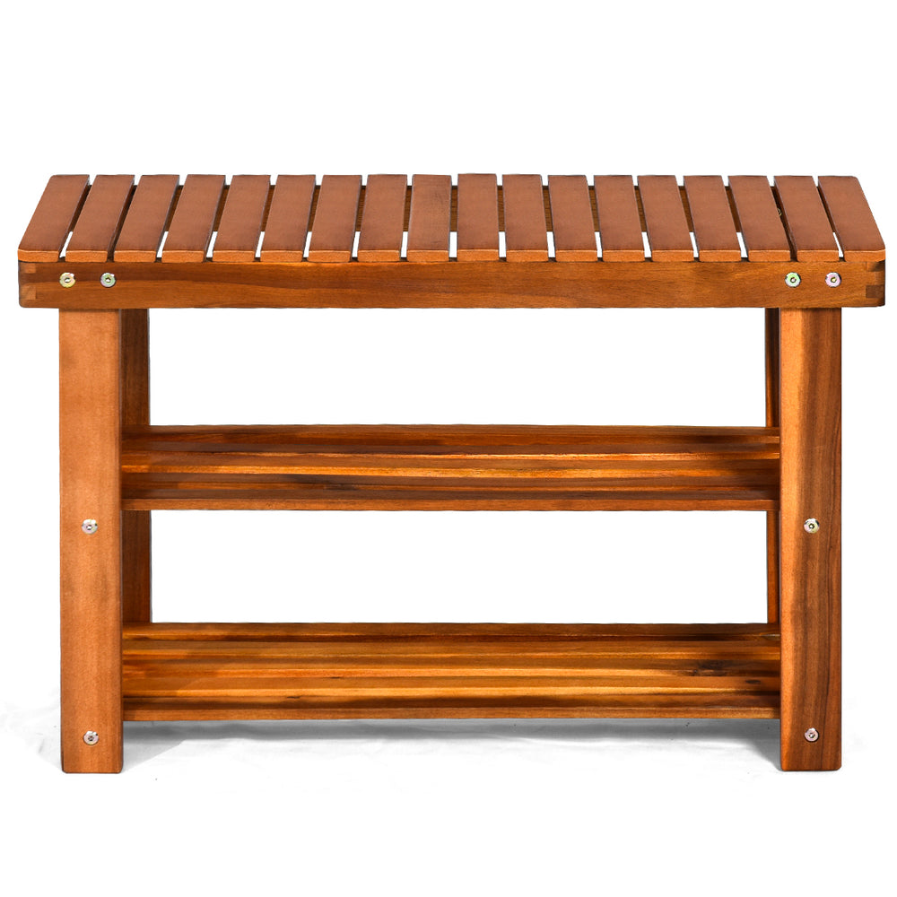 Freestanding acacia wood bench with three-tier storage shelves, ideal for entryway or garden seating and organization.