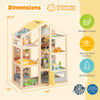 Wooden dollhouse with modern design, includes furniture and figures, ideal for kids' pretend play and development.