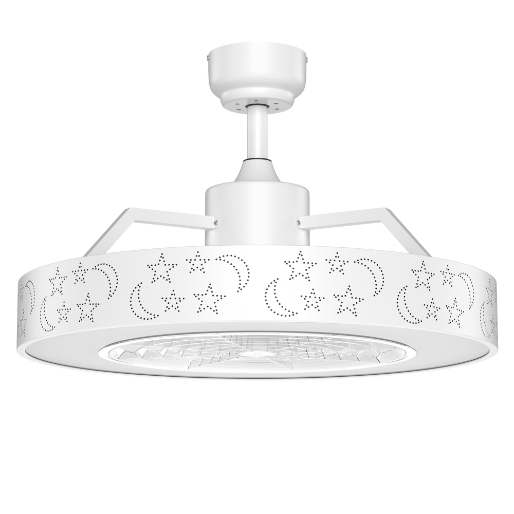 23-inch white ceiling fan with LED light and starry lampshade, remote control, and adjustable brightness for home decor.