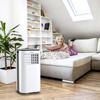 9000 BTU portable air conditioner in white, designed for cooling, dehumidifying, and ventilating up to 350 sq.ft.