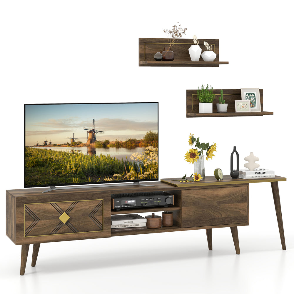 Mid-century modern TV stand in walnut with two flip-over cabinets, offering stylish storage and display for media.