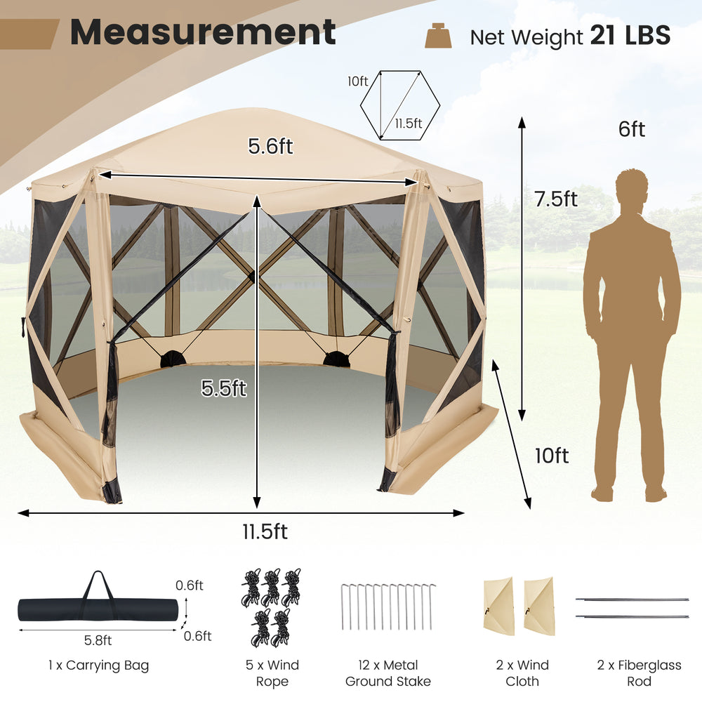 Pop-up screen house tent measuring 11.5 x 11.5 ft, made of durable 210D polyester, ideal for outdoor gatherings.