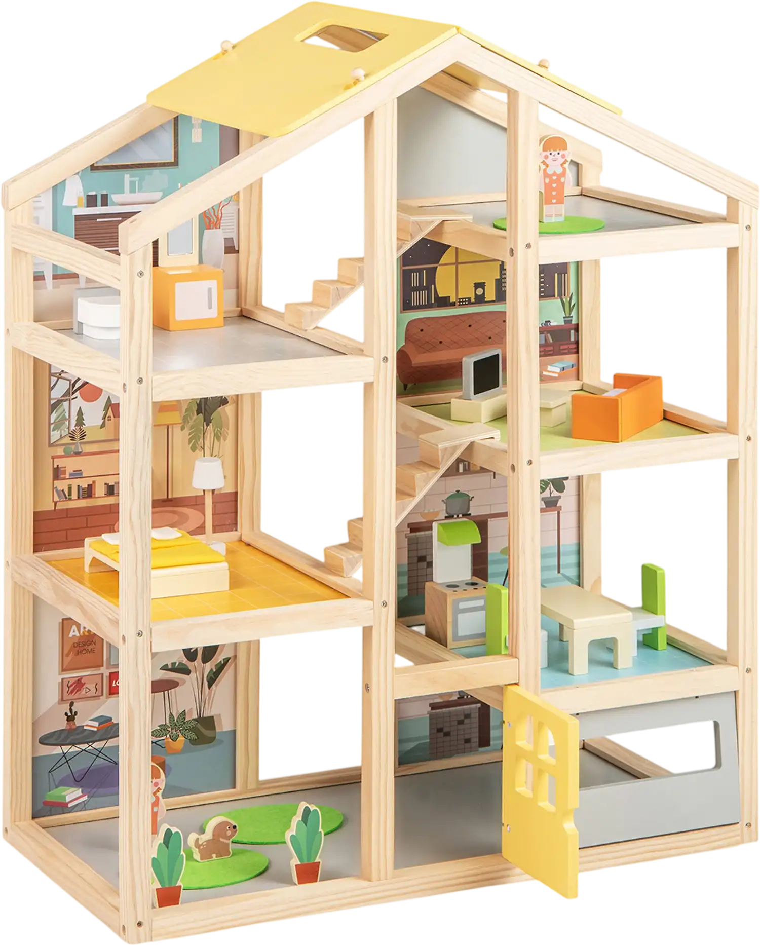 Costway Wooden Dollhouse Kids Modern Family Playhouse w/ Furniture Figures 817234569 New