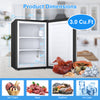 Compact 3.0 Cu.Ft upright freezer with stainless steel door, showcasing dimensions and storage options for efficient.