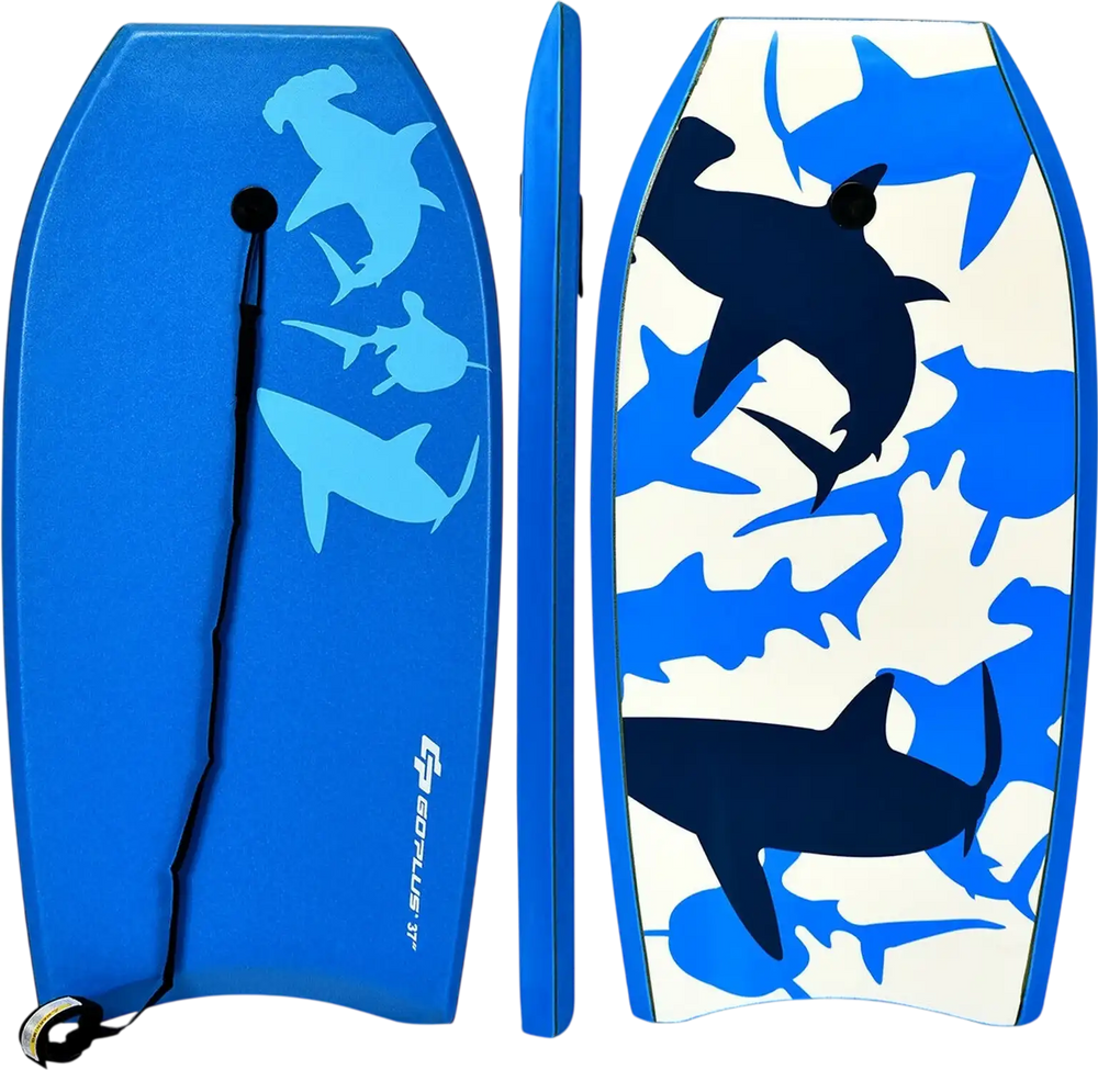Lightweight bodyboard with EPS core and XPE deck, featuring blue shark designs, ideal for surfing and water sports.