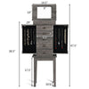 Standing jewelry cabinet organizer in gray with 5 drawers, 2 side doors, and a flip mirror, perfect for elegant storage.