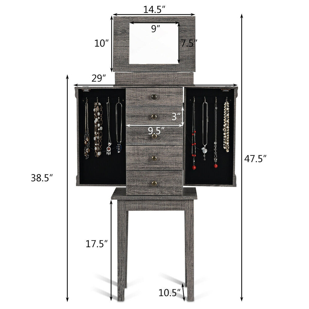 Standing jewelry cabinet organizer in gray with 5 drawers, 2 side doors, and a flip mirror, perfect for elegant storage.