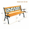 Patio park garden bench with solid wood seat, iron cast structure, and floral PVC backrest, supports up to 463 lbs.