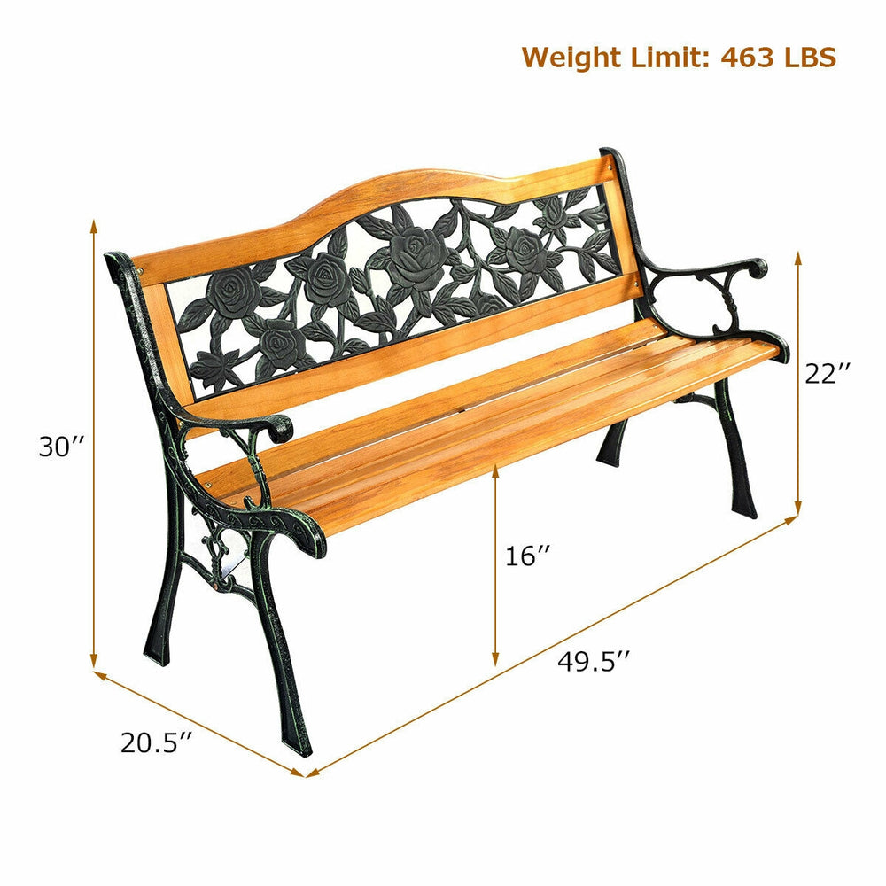 Garden bench chair with wooden seat and iron armrest, 49.5" x 20.5" x 30", supports up to 463 lbs for outdoor use.