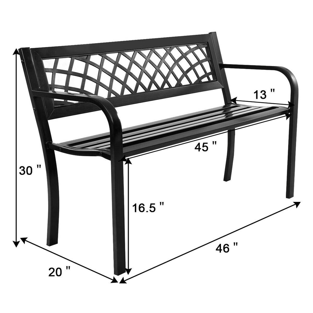 Steel frame outdoor bench with PVC backrest mesh, measuring 46" L x 20" W x 30" H, perfect for outdoor seating.