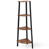 4-tier corner shelf with black metal frame and wood shelves, ideal for compact spaces like living rooms and studies.
