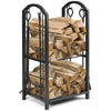 Fireplace log rack with firewood and 4 wrought iron tools, featuring a durable design for indoor and outdoor use.