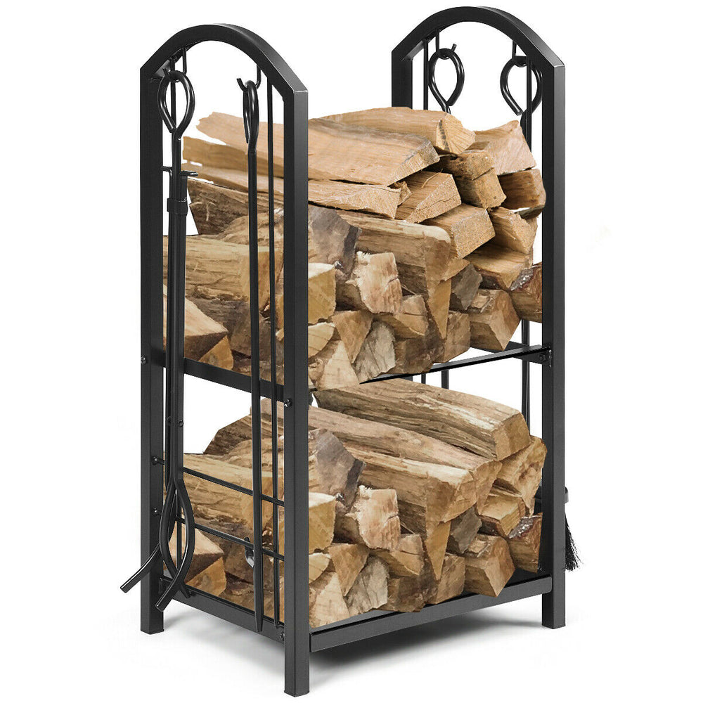 Fireplace log rack with firewood and 4 wrought iron tools, featuring a durable design for indoor and outdoor use.