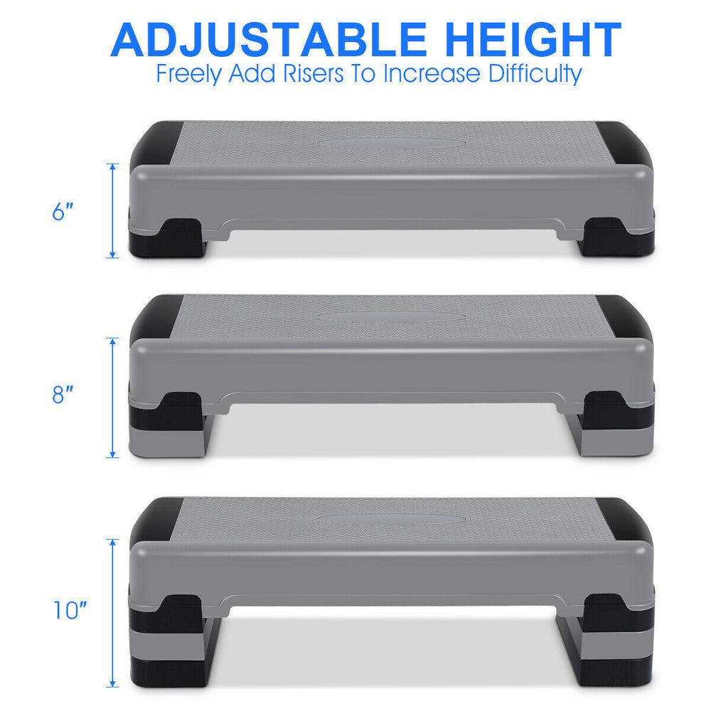 Adjustable aerobic cardio stepper with risers, showcasing three height levels: 6", 8", and 10" for versatile workouts.