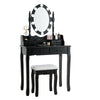 Black makeup dressing table with lighted mirror, cushioned stool, and four drawers for ample storage and elegant design.