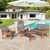 Wooden patio furniture set with cushioned loveseat and chairs, perfect for outdoor relaxation by the pool.