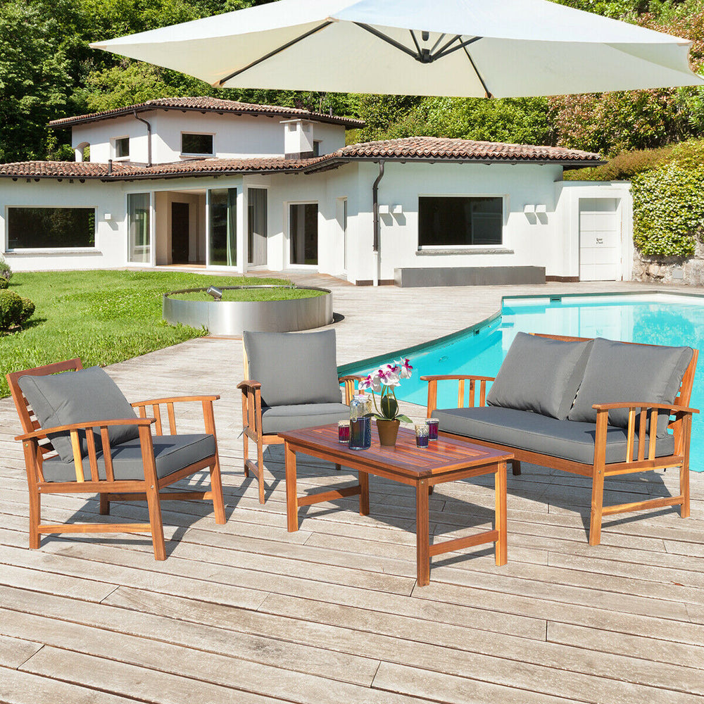 4 Pcs Wooden Patio Furniture Set Table Sofa Chair Cushioned Garden - Gallery View 1 of 11
